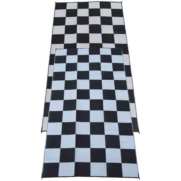 Fireside Patio Mats Racing Checks Black and White Checkered Flag 9 ft. x 18 ft. Polypropylene Indoor/Outdoor Reversible Patio/RV Mat