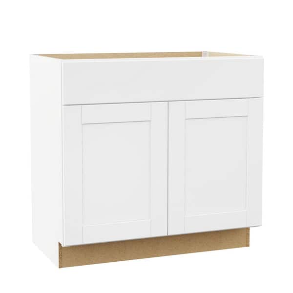 Hampton Bay Shaker 36 in. W x 21 in. D x 34.5 in. H Assembled Bath Base Cabinet in Satin White without Shelf