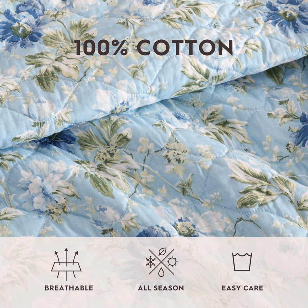 Blue Twin Cotton Reversible Quilt Set with Floral Design