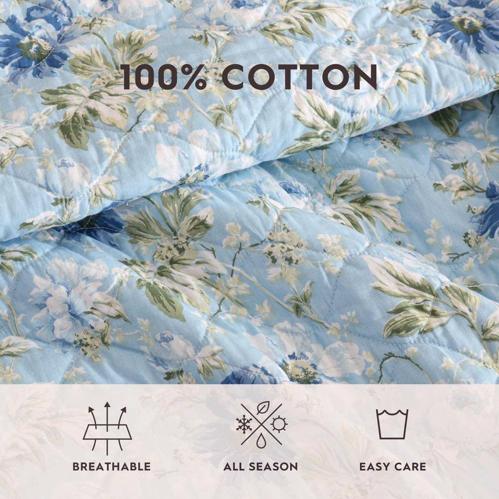 Blue Cotton Full Reversible Quilt Set with Floral Design
