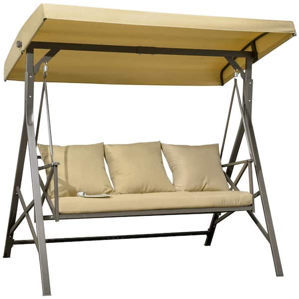 Sudzendf 3-Person Outdoor Metal Patio Swing with Cushion, 3 Throw Pillows and Adjustable Canopy in Khaki