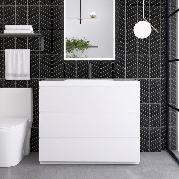 Unbranded 42 in. W x 20 in. D x 34 in. H Single Sink Freestanding Bathroom Vanity in Hight White with White Solid Surface Top