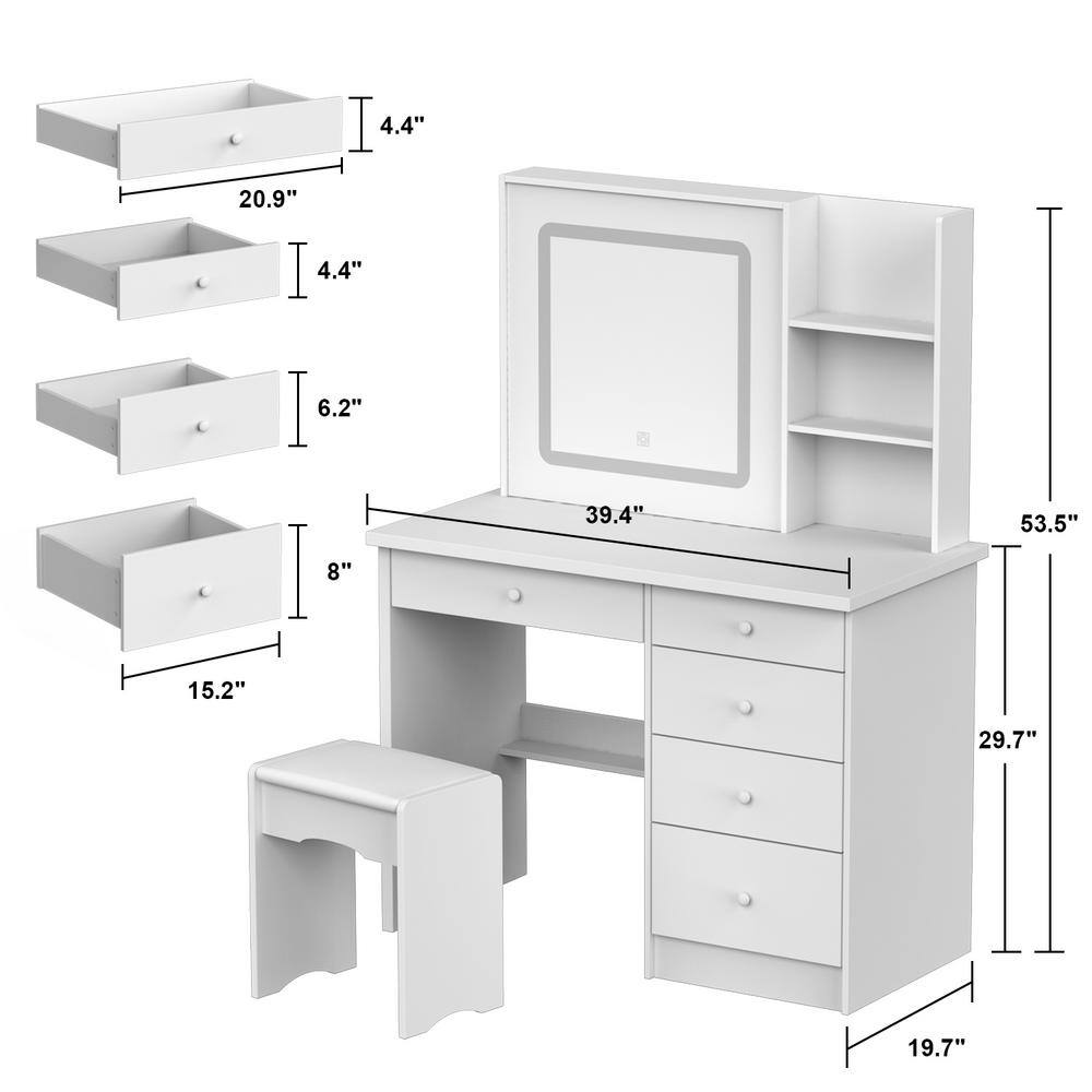 39.4 in. W White LED Dimmable Mirror Dresser Dressing Table with 5-Drawers, Stool and Storage Shelves - thumbnail 3