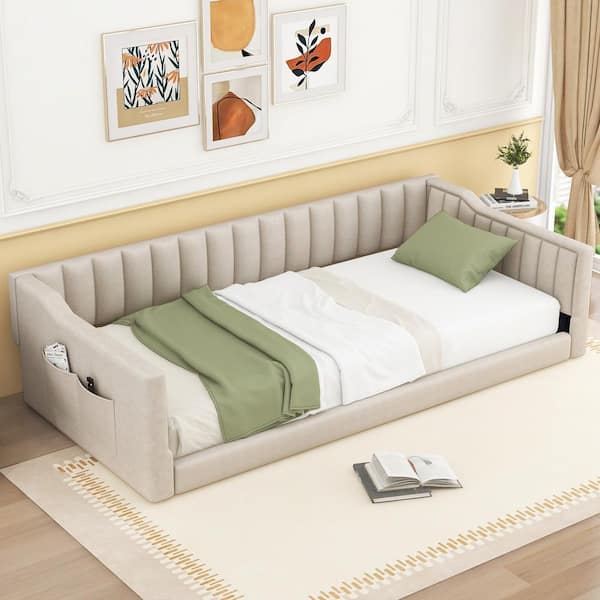 Beige Twin XL Upholstery Daybed with Side Storage pocket
