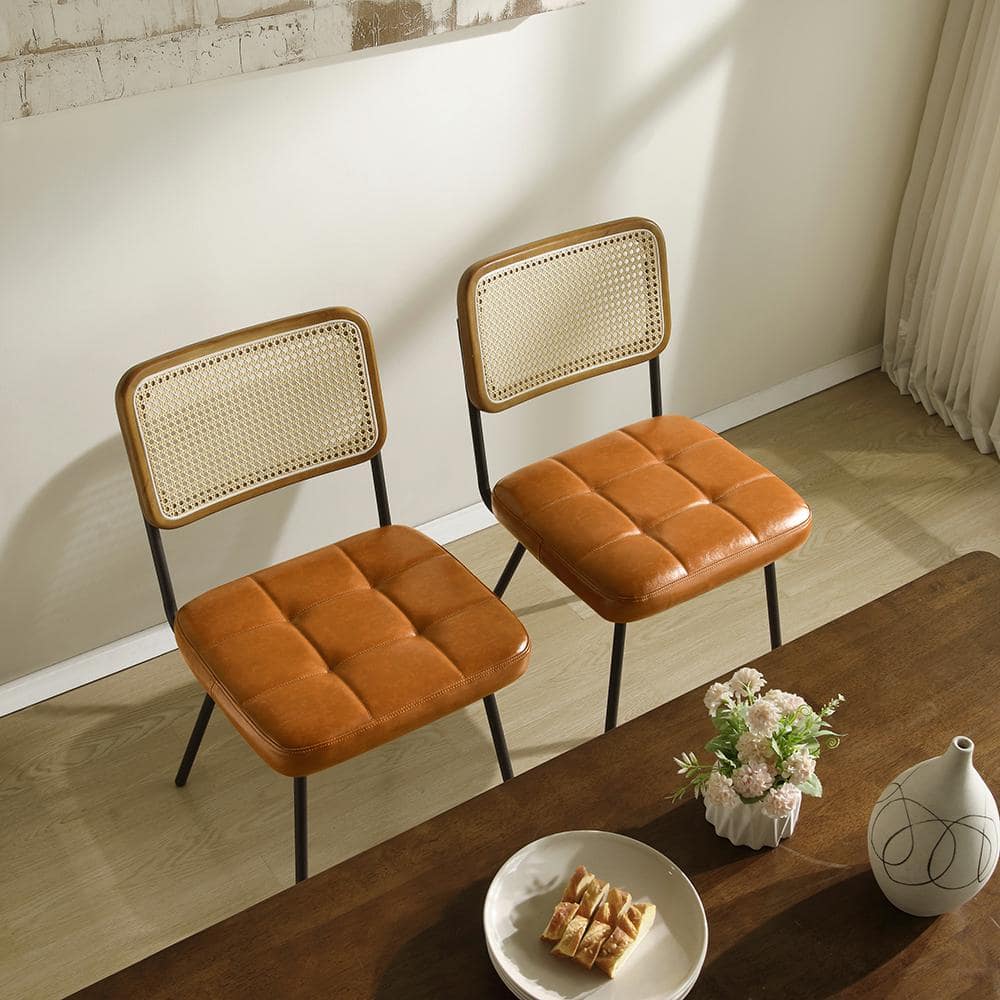 Yellow Brown Faux Leather Upholstered Rattan Cane Side Chair Set