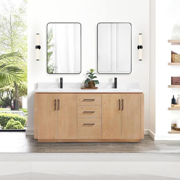 ROSWELL San 72 in.W x 22 in.D x 33.8 in.H Double Sink Bath Vanity in Fir Wood Brown with White Composite Stone Top and Mirror