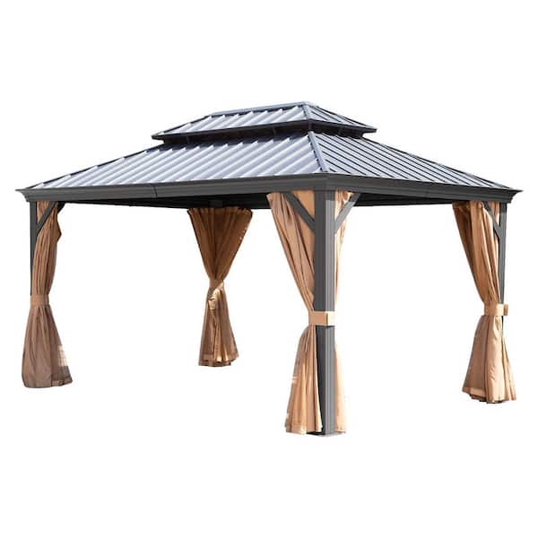 10 ft. x 14-ft. Double Galvanized Steel Roof Aluminum Frame Outdoor Patio Hardtop Gazebo with Netting and Curtains