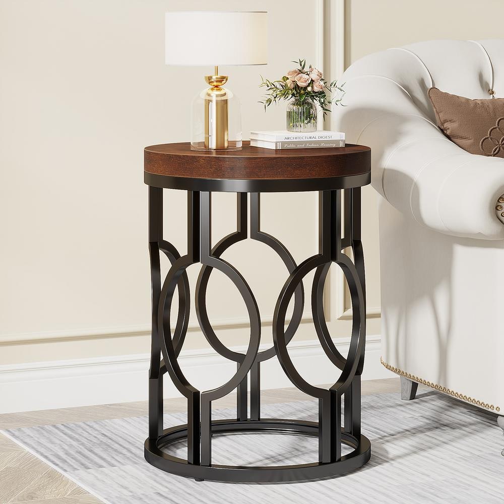 17.72 in. Rustic Brown Round Engineered Wood End Table, Side Table Nightstand with Metal Hollow Frame - thumbnail 9
