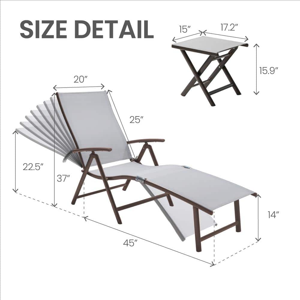 Light Gray Aluminum Outdoor Chaise Lounge Set with Folding Table
