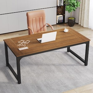 70.9 in. Brown Wood Plastic Composite Computer Desk with WPC Tabletop and Aluminum Frame for Home Office Living Room