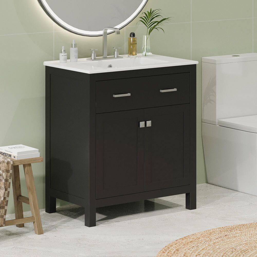 30 in. Single Sink Freestanding Black Bath Vanity with White Ceramic Top and one Drawer Storage Door Cabinet Unassembled price history on PriceWatchPro
