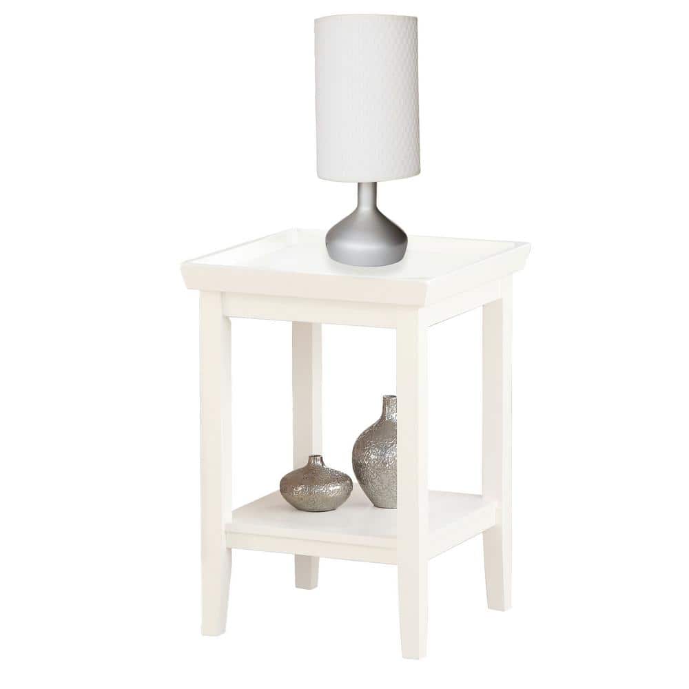 White Rubberwood End Table with Shelf and Raised Edges