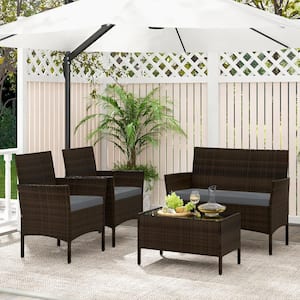 4-Piece Wicker Patio Conversation Set with Gray Cushions