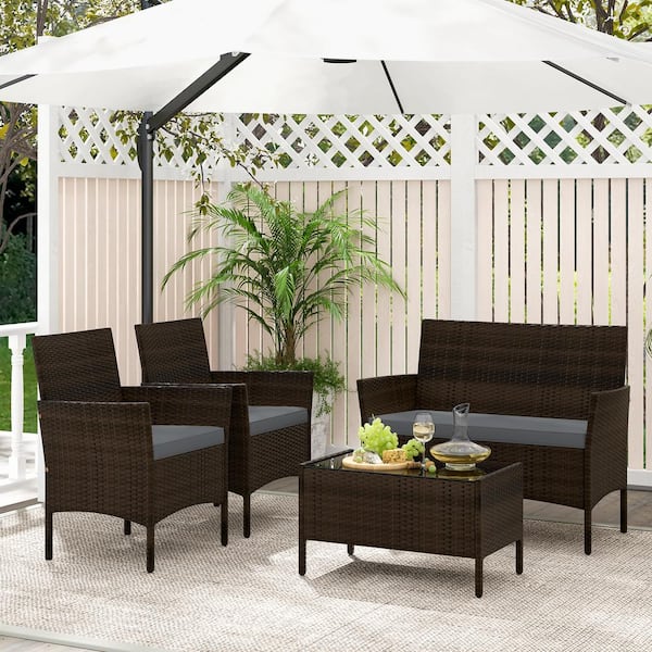 LIVIZA 4-Piece Wicker Patio Conversation Set with Gray Cushions