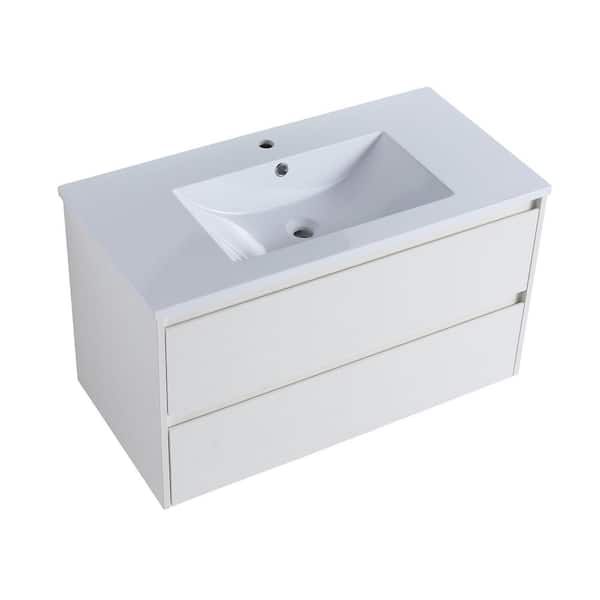 Maincraft Wall-Mounted 35.8 in. W x 18.2 in. D x 20.5 in. H. Bath Vanity in White with White solid Surface Top with White Basin