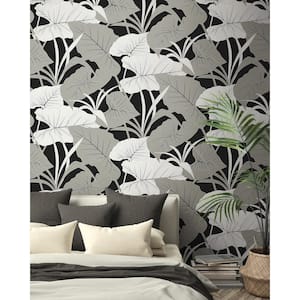 31.35 sq. ft. Ebony and Metallic Silver Elephant Leaves Vinyl Peel and Stick Wallpaper Roll