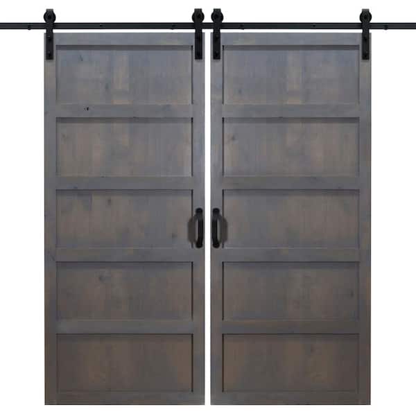Dogberry 42 in. x 84 in. Ash Gray 5-Panel Wood Double Sliding Barn Door with Hardware Kit