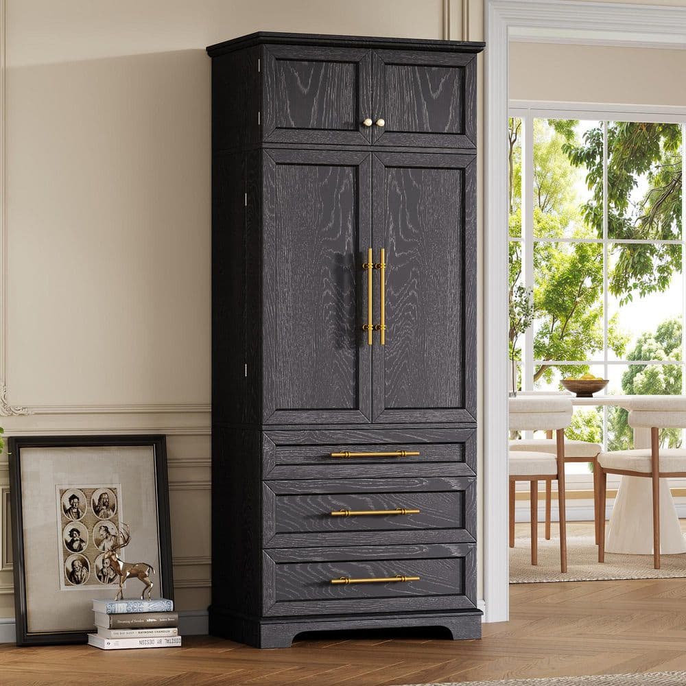 Sloane Ash Black 78.2 in. Kitchen Pantry Storage Cabinet with Adjustable Shelves, Door Racks and Drawers