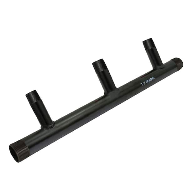 Black Steel Manifold for Boiler Room Heating, 1-1/4 in. Base 3-Ports of 3/4 in. and 1 in. 6 in. Spacing
