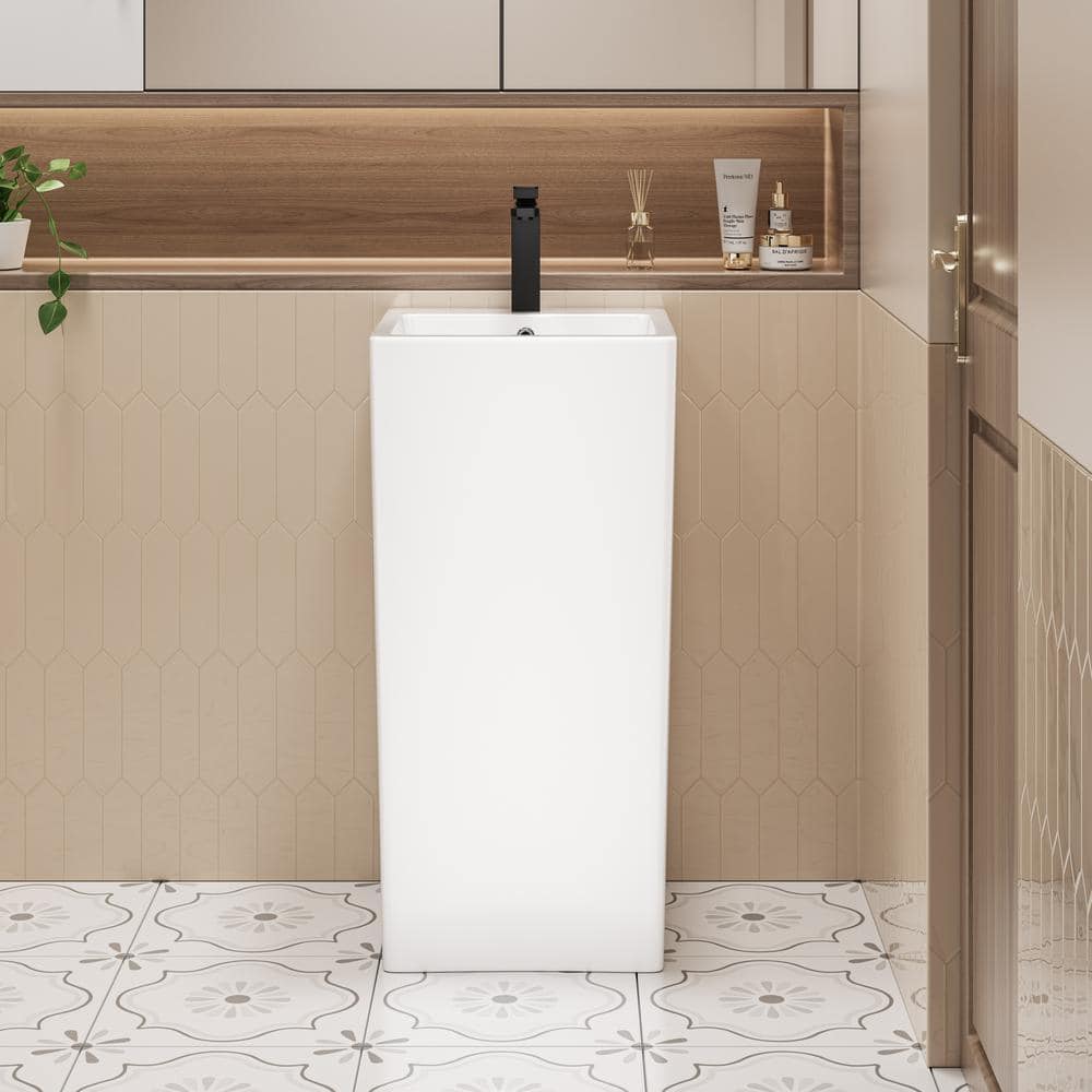 Glossy White Ceramic Square Pedestal Bathroom Sink