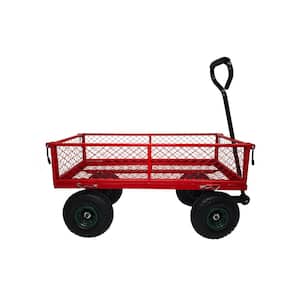 3.5 cu. ft. Mesh Steel Frame Wagon 300 lbs. Capacity Removable Sides Heavy-Duty Push Garden Cart in Red