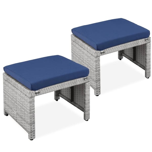 19.75 x 15.75 in Wicker Patio Ottomans with Removable Cushions Gray Navy Set of 2