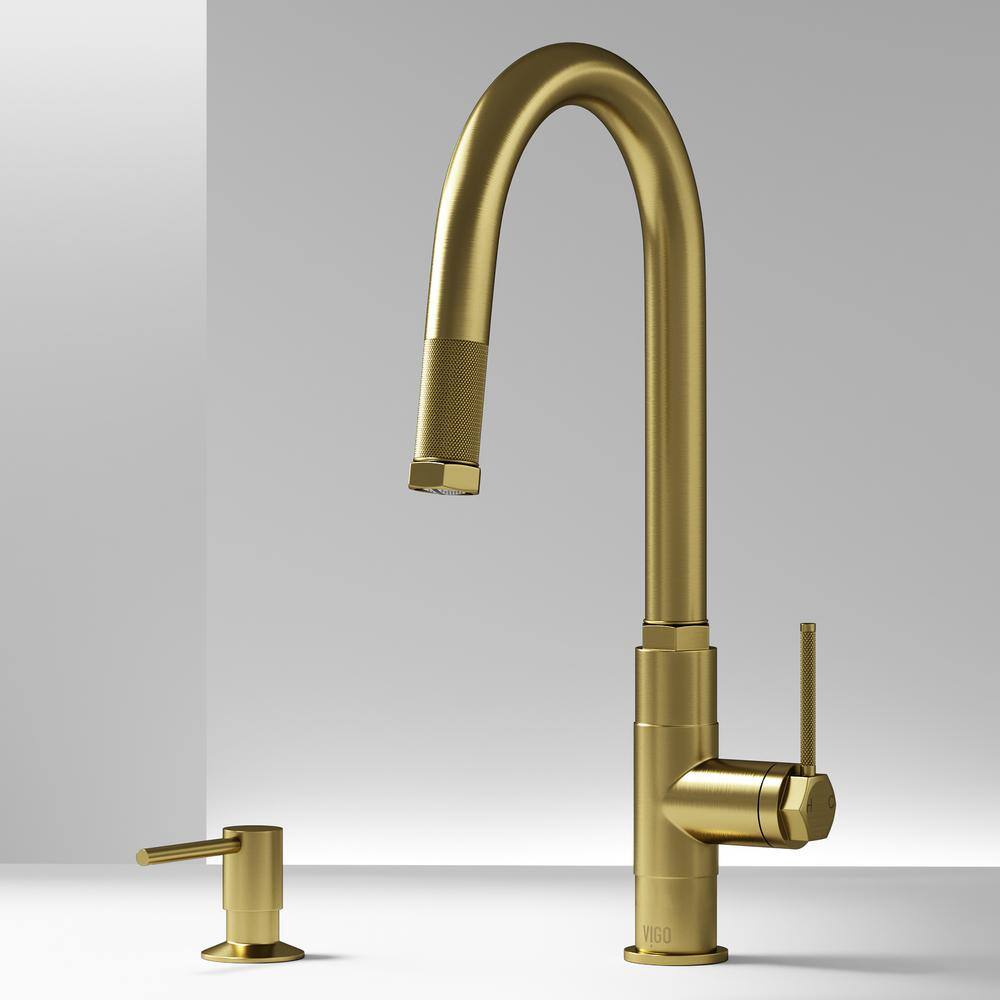 Matte Brushed Gold 18" Stainless Steel Pull-Down Kitchen Faucet with Soap Dispenser