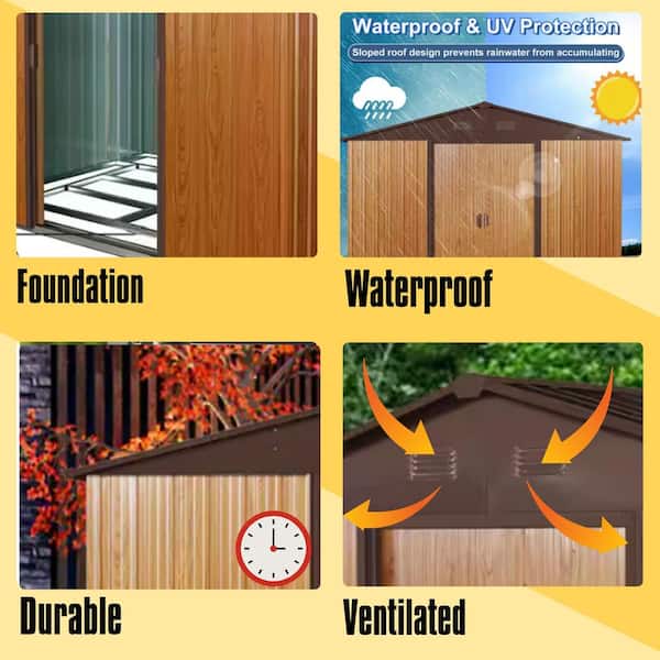 8 ft. x 6 ft. Outdoor Metal Storage Shed Garden Tool Room with Floor Base and Sliding Doors, Coffee (39 sq. ft.)