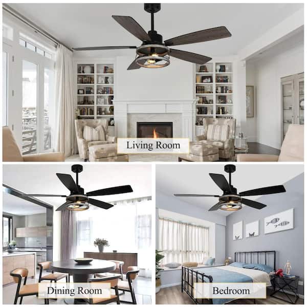 Maury 52 in. Indoor Matte Black Farmhouse Rustic Ceiling Fan with Light, 6-Speed Quiet Reversible Ceiling Fan W/ Remote