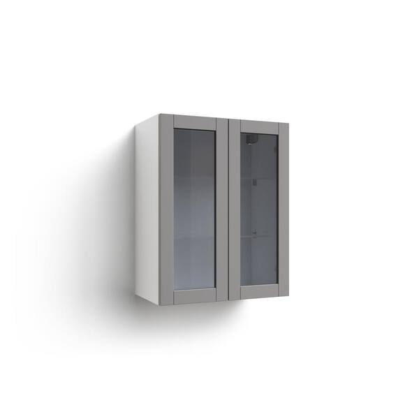 NewAge Products Home Gray Particle Board Shaker Stock 2-Glass Door Wall Kitchen Cabinet with Soft Close Door (24in. x 13.8in. x 30.6in.)