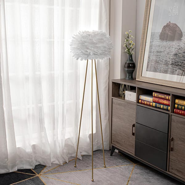 Maxax Columbus 60 in. White/Gold Tripod Floor Lamp With Feather