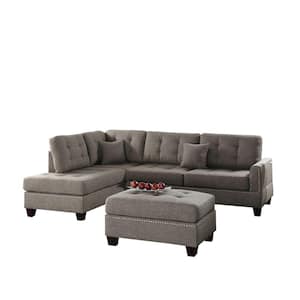 3-Piece Light Brown Fabric 4-Seater L-Shaped Sectional Sofa with Wood Legs