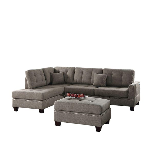 Benjara 3-Piece Light Brown Fabric 4-Seater L-Shaped Sectional Sofa with Wood Legs