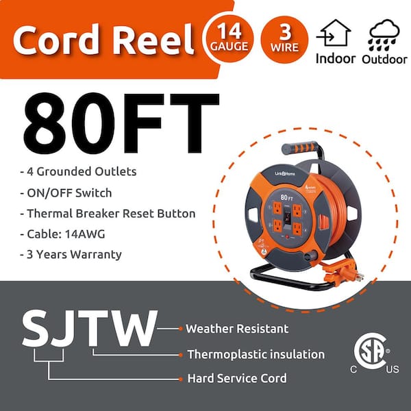 DEWENWILS Heavy Duty Open Cord Reel with 80FT Extension Cord, Hand Wind  Retractable, 14/3 AWG SJTW, 4 Grounded Outlets, 13 Amp Circuit Breaker,  Orange