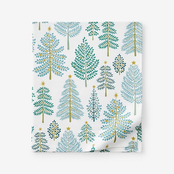 The Company Store Company Cotton Teal Yule Tree Velvet Flannel Queen Flat Sheet