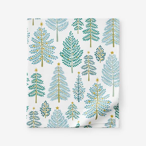 The Company Store Company Cotton Teal Yule Tree Velvet Flannel Twin/Twin XL Flat Sheet