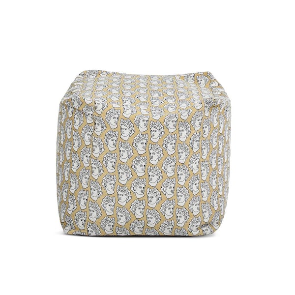 Jennifer Taylor Pouf 20 in. Luxury Polyester Oversized Bean Bag Cube Ottoman in Apollo Bust Gold and Cream Embroidery