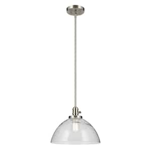 Avery 14 in. 1-Light Brushed Nickel Vintage Industrial Shaded Dome Kitchen Hanging Pendant Light with Clear Seeded Glass