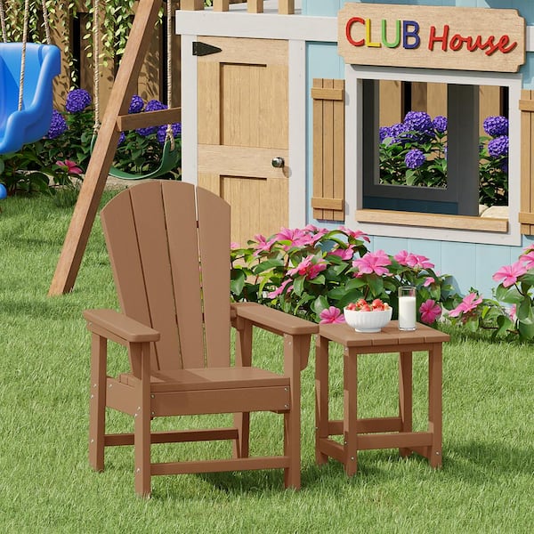 Children's Laguna Outdoor Patio All Weather Plastic Kids 2-Piece Adirondack Chair with Side Table in Teak