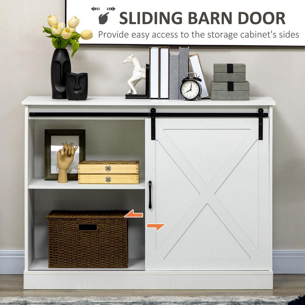 Farmhouse Chic White Kitchen Buffet Cabinet with Sliding Barn Door