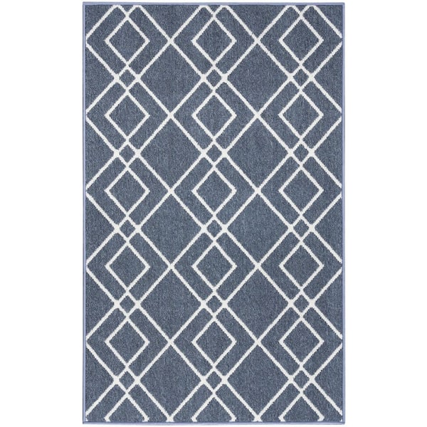 Nourison Modern Lines Denim 3 ft. x 5 ft. Geometric Contemporary Kitchen Area Rug