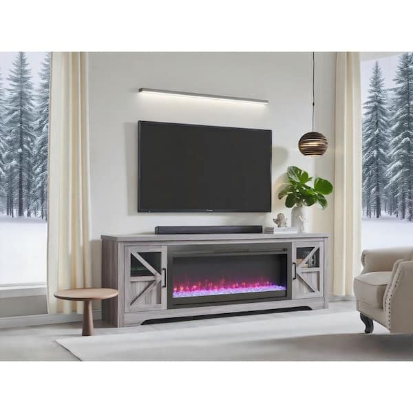 75 in. Freestanding Wooden TV Stand w/ Electric Fireplace, KD Inserts Heater and 2-Drawers - Fits TVs up to 80 in., Gray