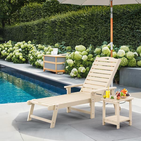 Hellen Keller Sand 2-Piece HDPS Plastic Adjustable Outdoor Patio Reclining Chaise Lounge Chair Set with Side Table