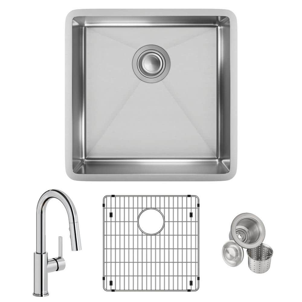 Elkay Crosstown 18-Gauge Stainless Steel 18.5 in. Single Bowl Undermount Kitchen Sink with Faucet Bottom Grid and Drain, Polished Satin -  ECTRU17179TFCBC