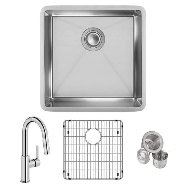 Elkay Crosstown 19in. Undermount 1 Bowl 18 Gauge Polished Satin Stainless Steel Sink w/ Faucet