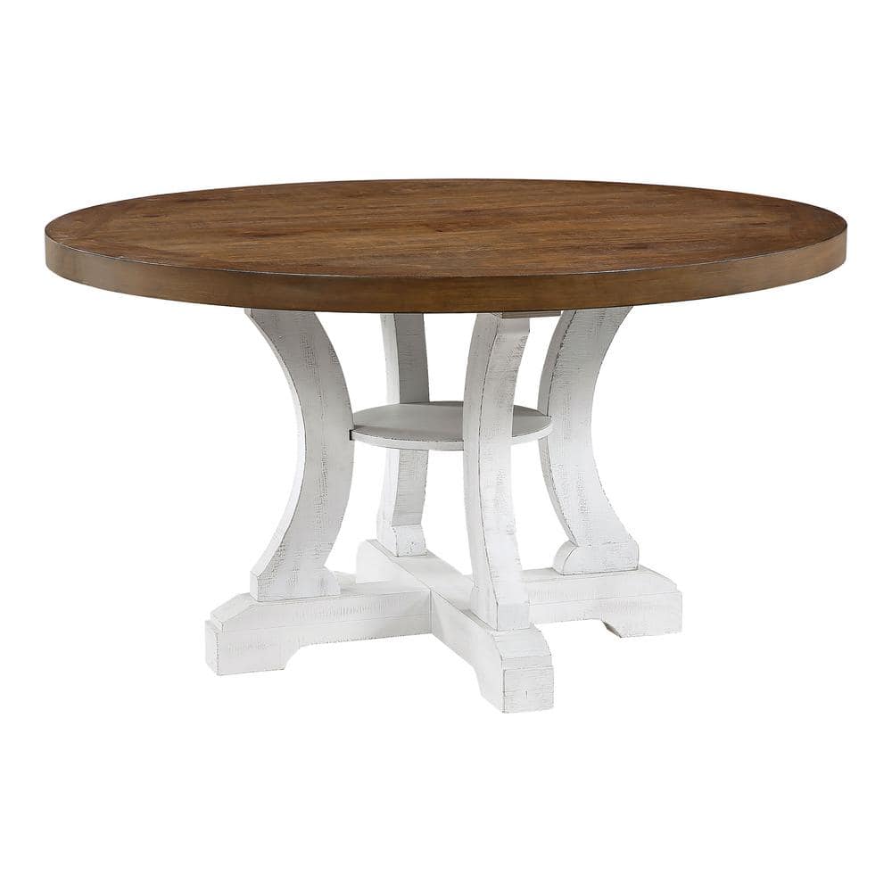 Furniture Of America Wicks 54 In Distressed White And Dark Oak Wood Round Dining Table Idf 3417rt The Home Depot