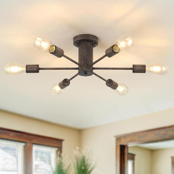 LWYTJO Theis 22 in. 6-Light Brown Semi Flush Mount Sputnik Chandelier Linear Ceiling Mount Light for Bedroom Room Dining Room