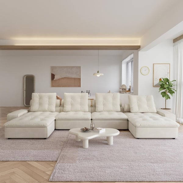 Magic Home 181 in. Modern Square Arm U-Shaped 6-Piece Frosted Velvet Modular Sectional Sofa with Adjustable Backrest in. Beige
