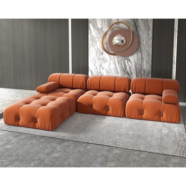 103.8 in. Square Arm Velvet 4-Piece L Shaped Modular Free Combination Sectional Sofa with Ottoman in. Orange