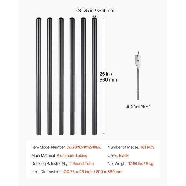 Angel Sar 26 in. Deck Balusters, Hollow Round Aluminum Balusters for Deck Railing (101-Pack)
